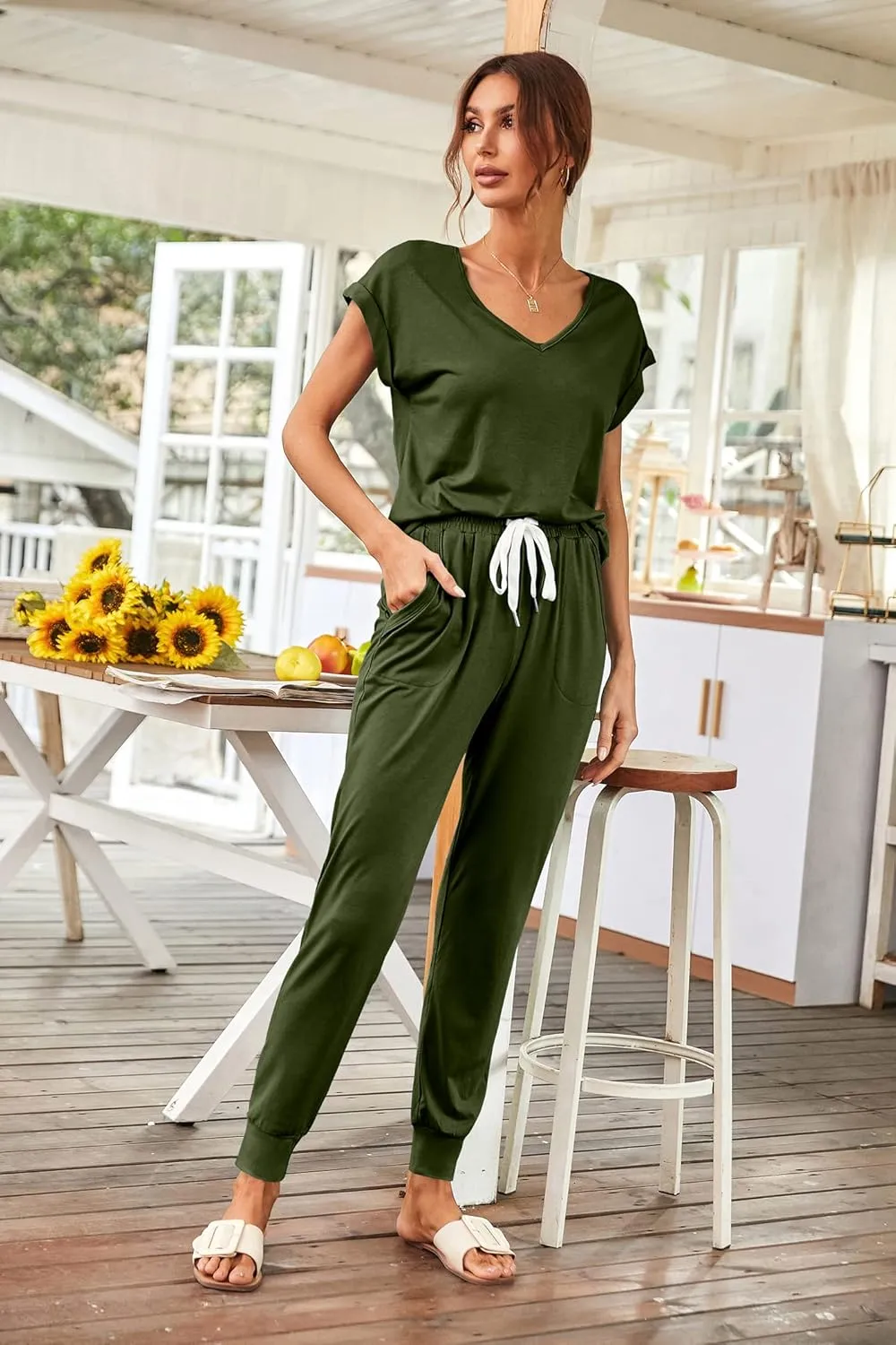 PRETTYGARDEN Women's Two Piece Tracksuit Casual Summer V Neck Short Sleeve Tops Drawstring Jogger Pants Lounge Outfit Sets