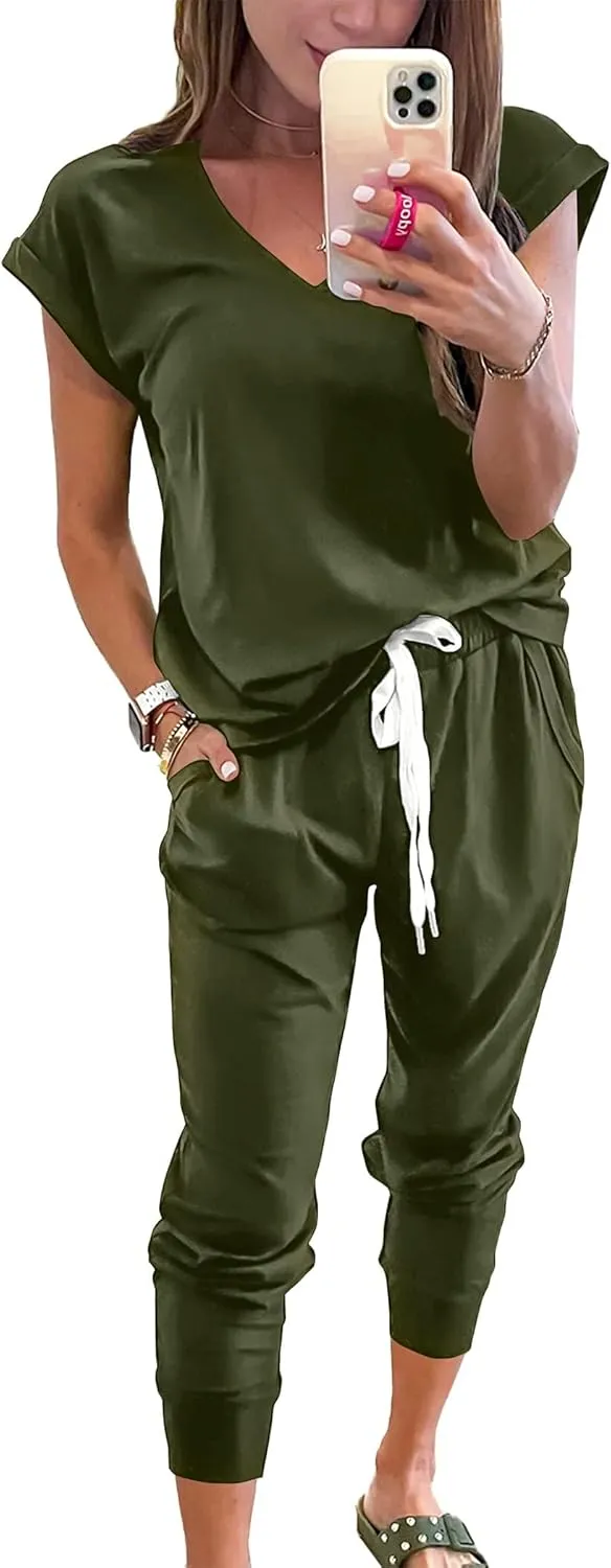 PRETTYGARDEN Women's Two Piece Tracksuit Casual Summer V Neck Short Sleeve Tops Drawstring Jogger Pants Lounge Outfit Sets
