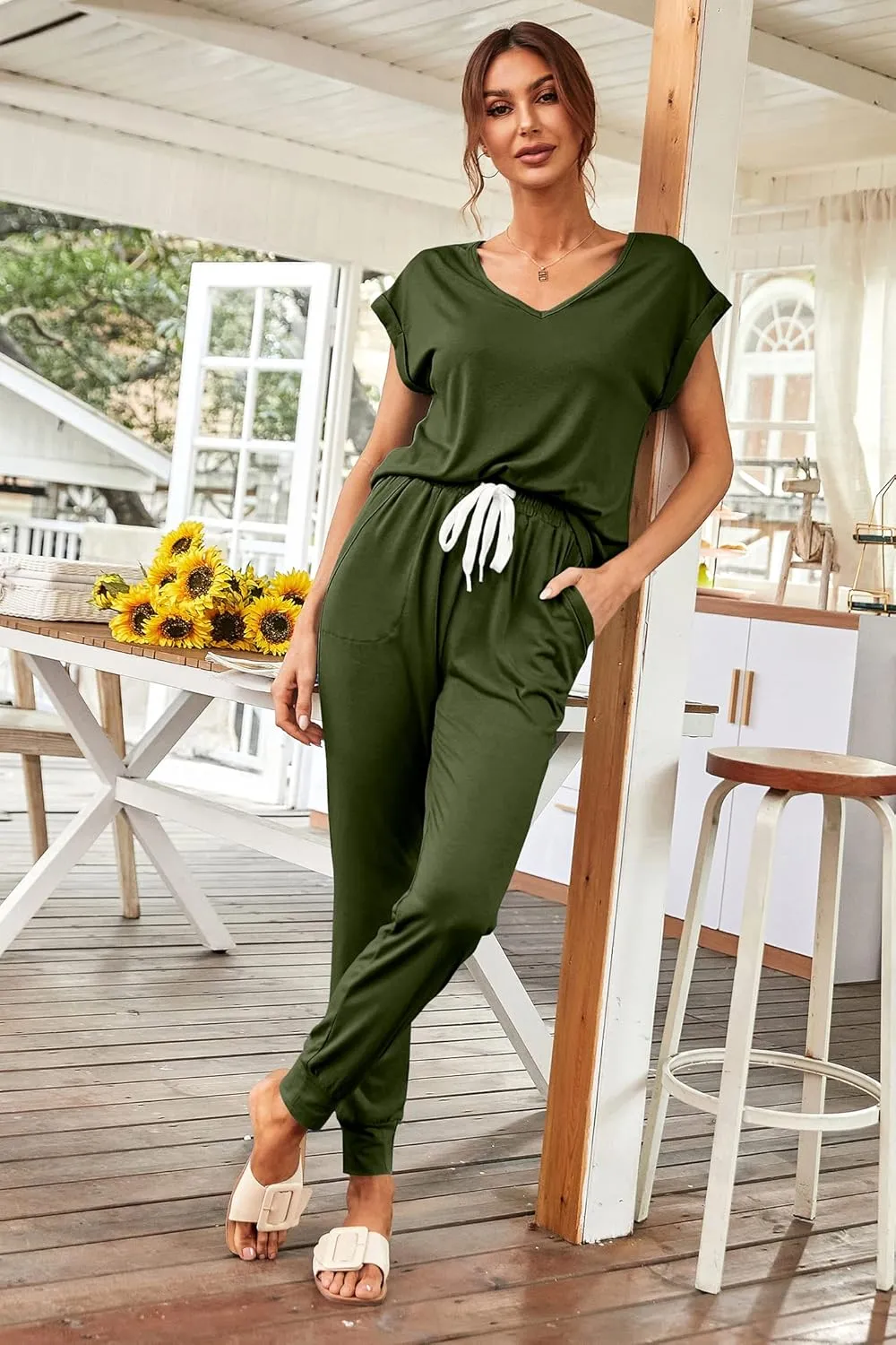 PRETTYGARDEN Women's Two Piece Tracksuit Casual Summer V Neck Short Sleeve Tops Drawstring Jogger Pants Lounge Outfit Sets