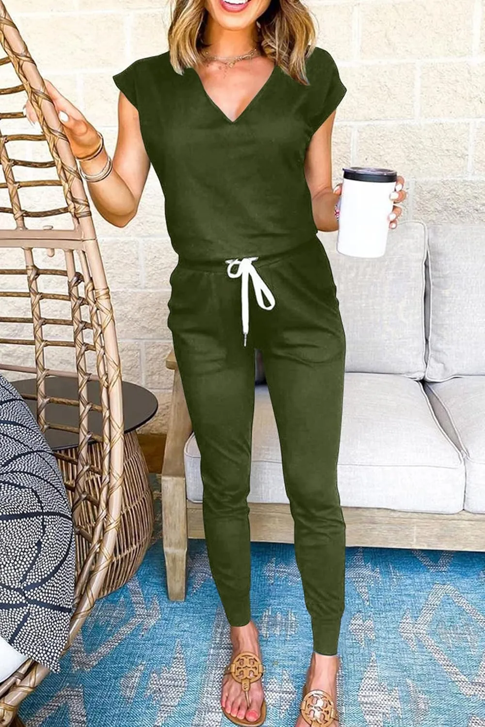 PRETTYGARDEN Women's Two Piece Tracksuit Casual Summer V Neck Short Sleeve Tops Drawstring Jogger Pants Lounge Outfit Sets