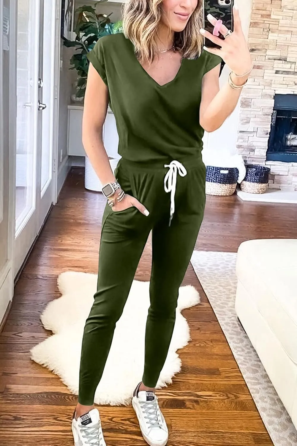 PRETTYGARDEN Women's Two Piece Tracksuit Casual Summer V Neck Short Sleeve Tops Drawstring Jogger Pants Lounge Outfit Sets