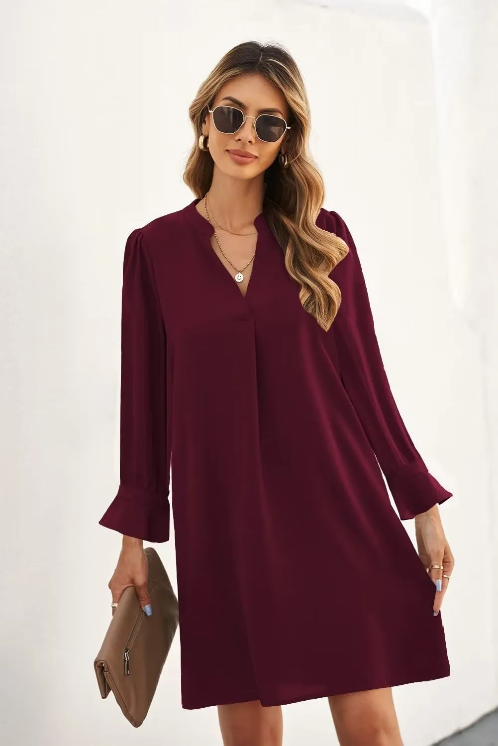 QACOHU Dresses for Women 2025 V Neck Spring Summer Ruffle Long Sleeve Simple Casual Loose Flowy Autumn Winter Shift Dress