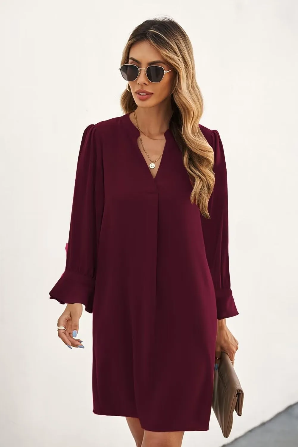 QACOHU Dresses for Women 2025 V Neck Spring Summer Ruffle Long Sleeve Simple Casual Loose Flowy Autumn Winter Shift Dress