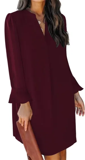 QACOHU Dresses for Women 2025 V Neck Spring Summer Ruffle Long Sleeve Simple Casual Loose Flowy Autumn Winter Shift Dress