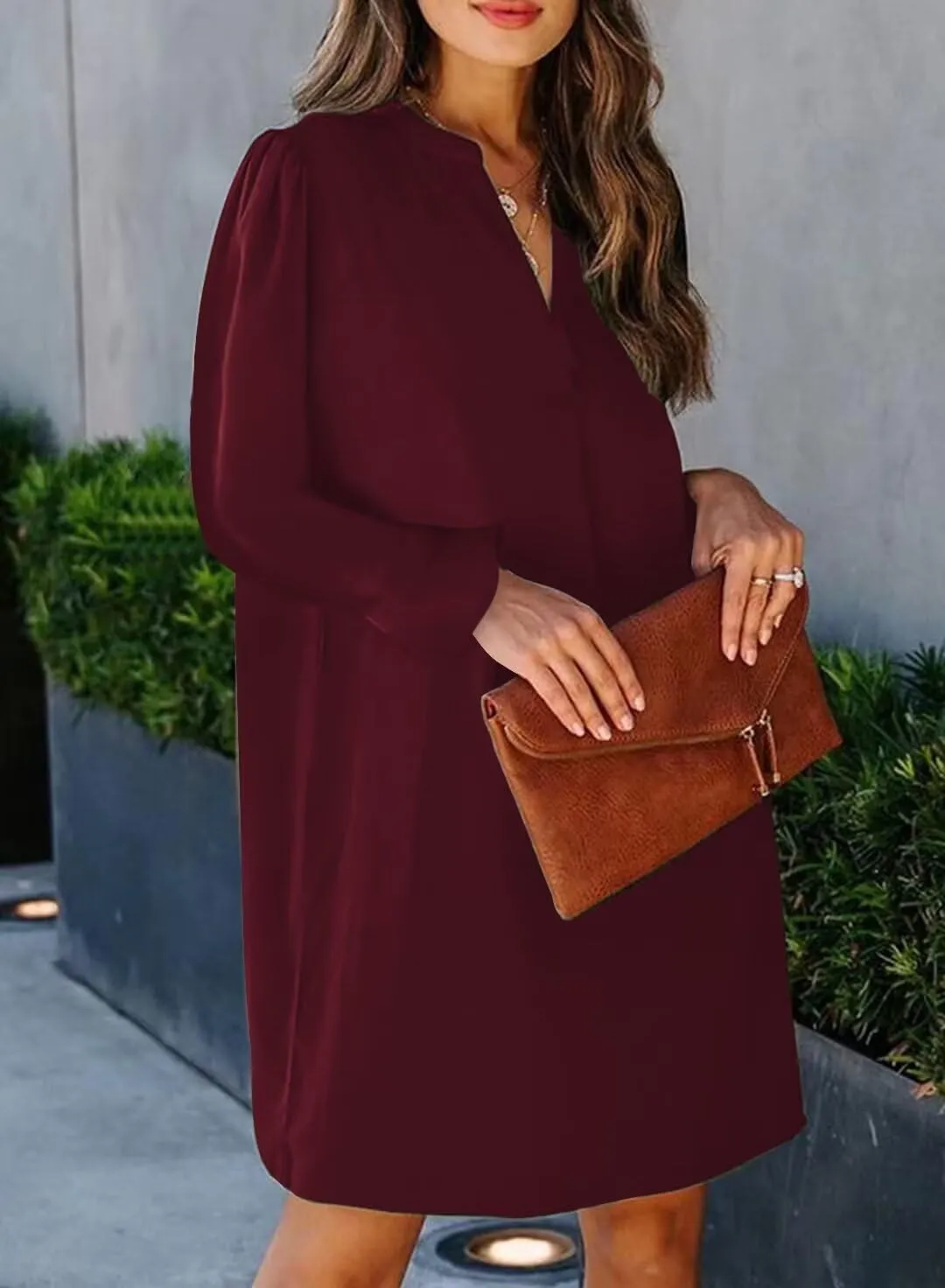 QACOHU Dresses for Women 2025 V Neck Spring Summer Ruffle Long Sleeve Simple Casual Loose Flowy Autumn Winter Shift Dress