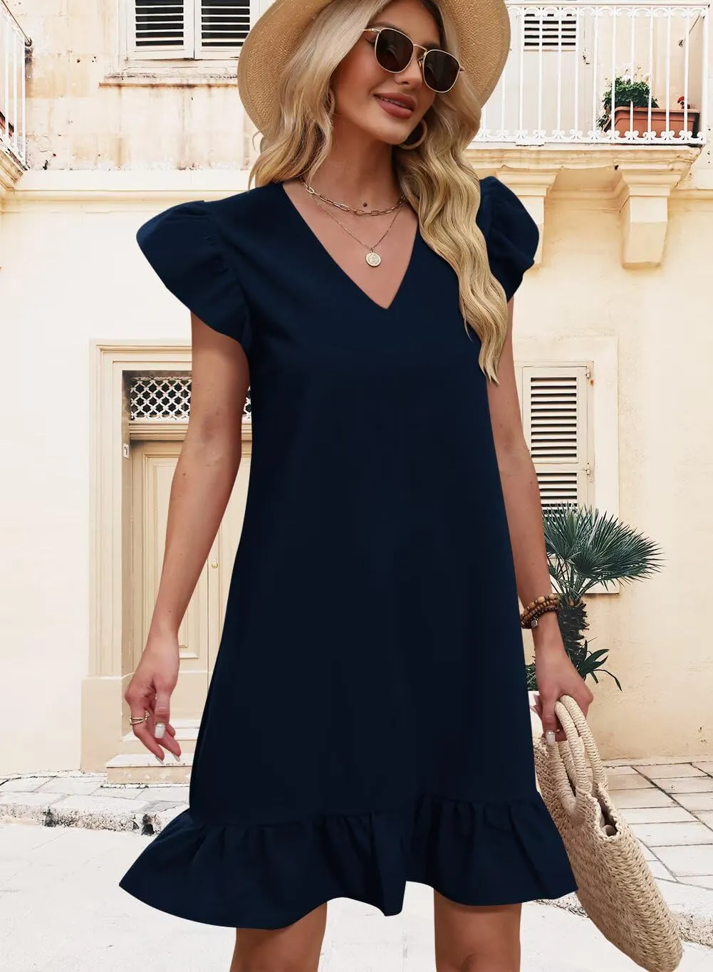 QACOHU Spring Summer Dresses for Women 2025 V Neck Cap Sleeve Ruffle Hem Smock Short Casual Outings Beach Dress
