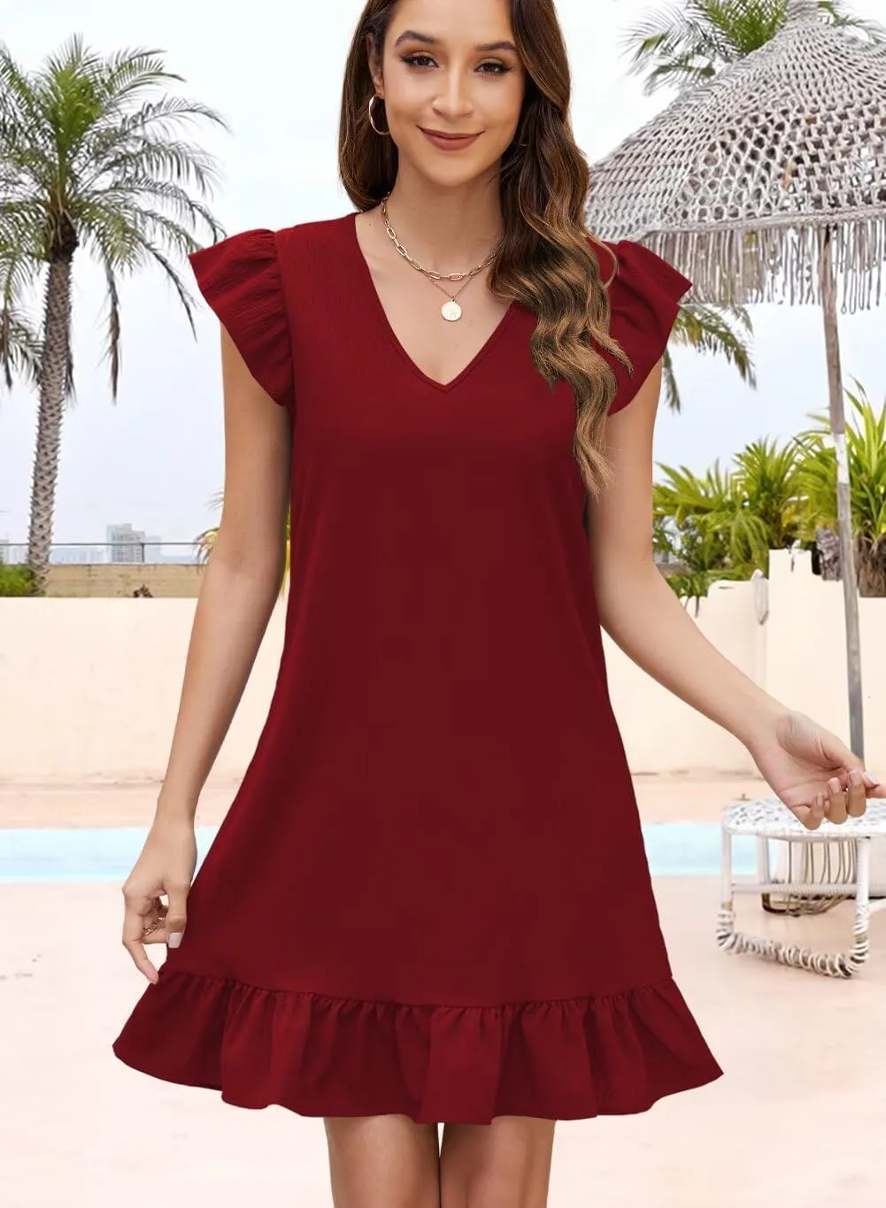 QACOHU Spring Summer Dresses for Women 2025 V Neck Cap Sleeve Ruffle Hem Smock Short Casual Outings Beach Dress