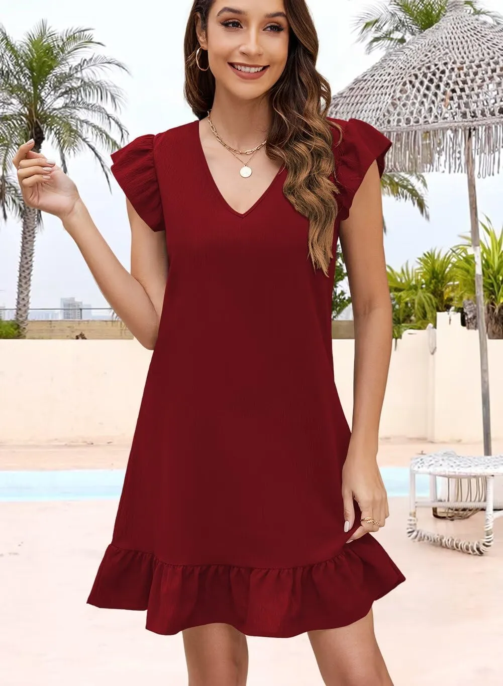 QACOHU Spring Summer Dresses for Women 2025 V Neck Cap Sleeve Ruffle Hem Smock Short Casual Outings Beach Dress