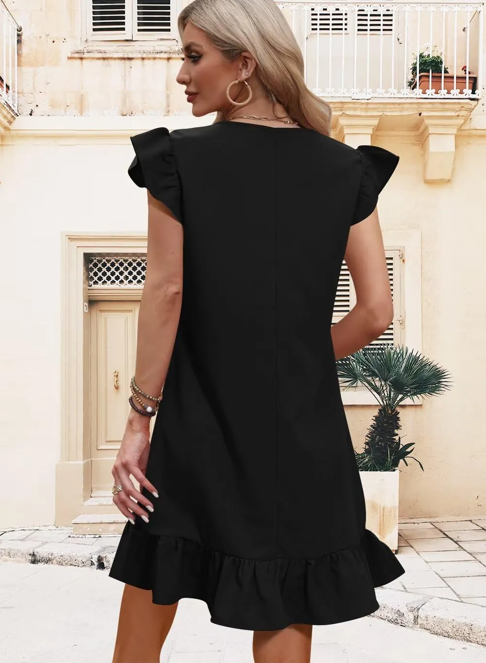 QACOHU Spring Summer Dresses for Women 2025 V Neck Cap Sleeve Ruffle Hem Smock Short Casual Outings Beach Dress