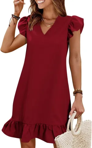 QACOHU Spring Summer Dresses for Women 2025 V Neck Cap Sleeve Ruffle Hem Smock Short Casual Outings Beach Dress