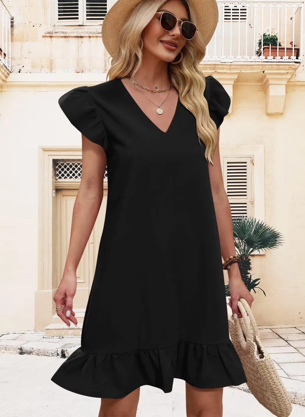 QACOHU Spring Summer Dresses for Women 2025 V Neck Cap Sleeve Ruffle Hem Smock Short Casual Outings Beach Dress