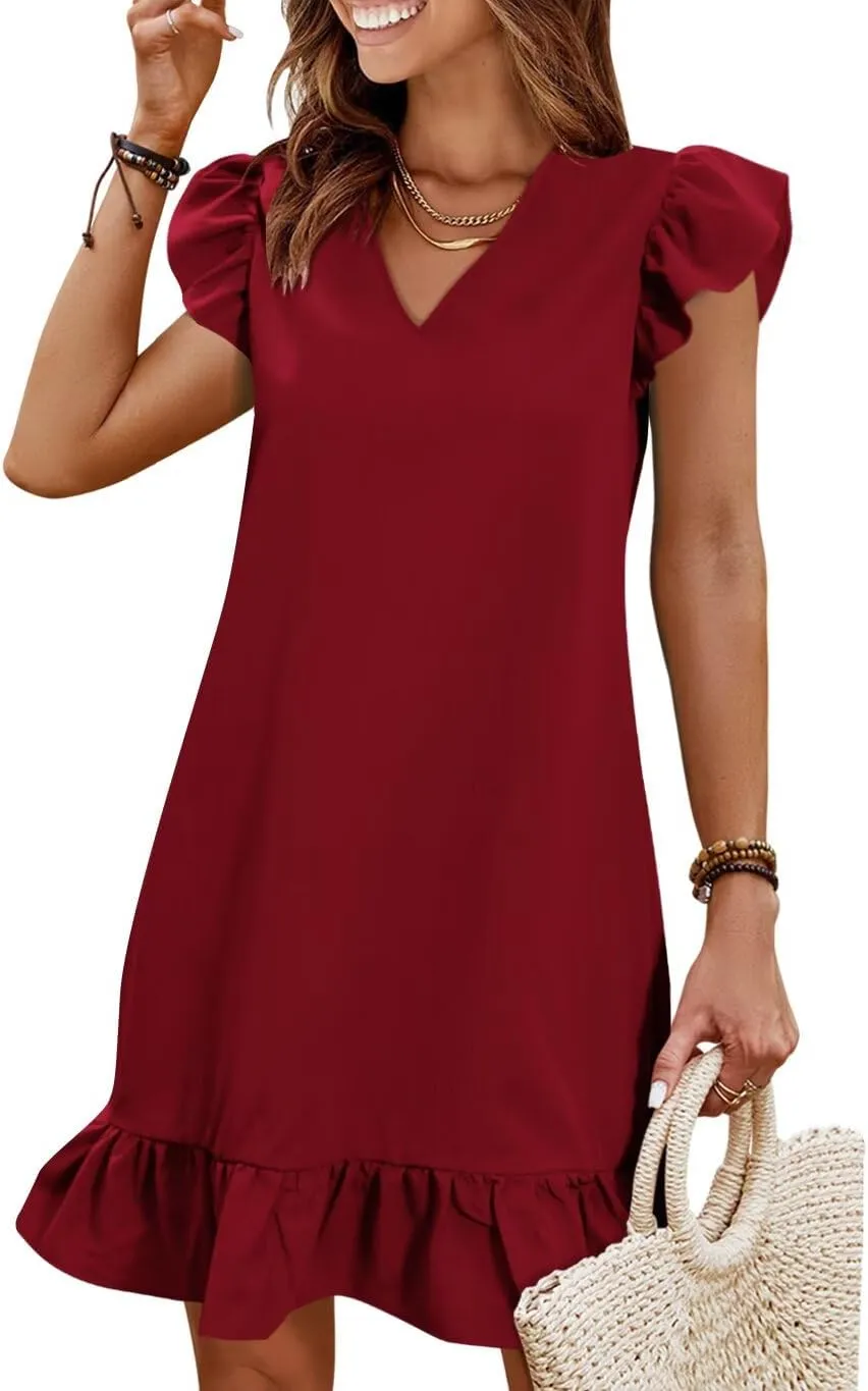 QACOHU Spring Summer Dresses for Women 2025 V Neck Cap Sleeve Ruffle Hem Smock Short Casual Outings Beach Dress