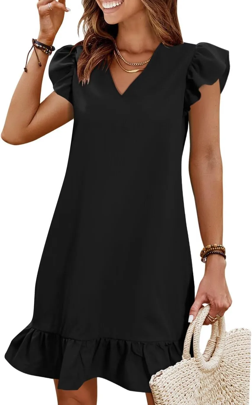 QACOHU Spring Summer Dresses for Women 2025 V Neck Cap Sleeve Ruffle Hem Smock Short Casual Outings Beach Dress