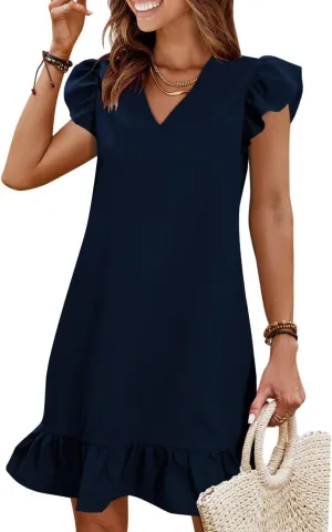 QACOHU Spring Summer Dresses for Women 2025 V Neck Cap Sleeve Ruffle Hem Smock Short Casual Outings Beach Dress