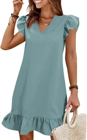 QACOHU Spring Summer Dresses for Women 2025 V Neck Cap Sleeve Ruffle Hem Smock Short Casual Outings Beach Dress