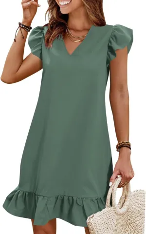 QACOHU Spring Summer Dresses for Women 2025 V Neck Cap Sleeve Ruffle Hem Smock Short Casual Outings Beach Dress