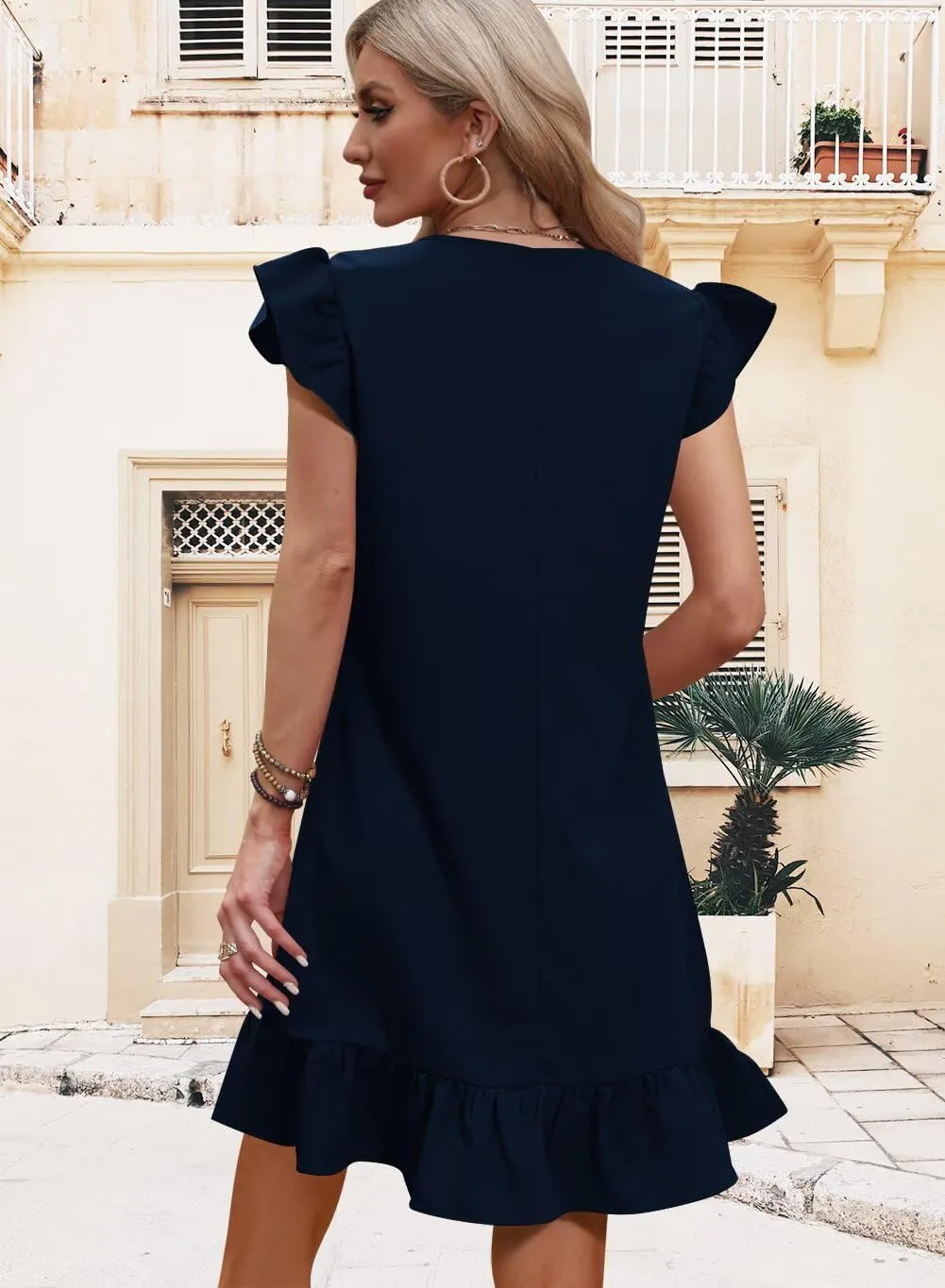QACOHU Spring Summer Dresses for Women 2025 V Neck Cap Sleeve Ruffle Hem Smock Short Casual Outings Beach Dress