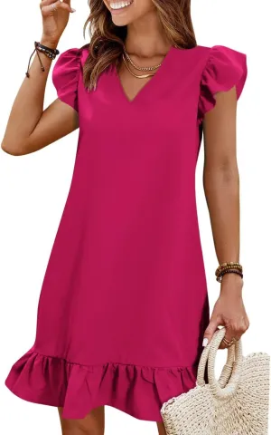 QACOHU Spring Summer Dresses for Women 2025 V Neck Cap Sleeve Ruffle Hem Smock Short Casual Outings Beach Dress