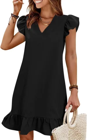 QACOHU Spring Summer Dresses for Women 2025 V Neck Cap Sleeve Ruffle Hem Smock Short Casual Outings Beach Dress
