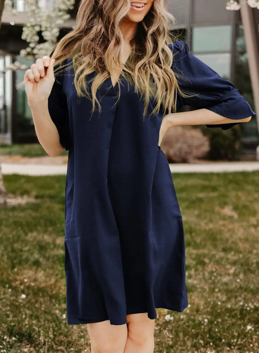 QACOHU Summer Dresses for Women V Neck Ruffle Short Sleeve Casual Shift Dress