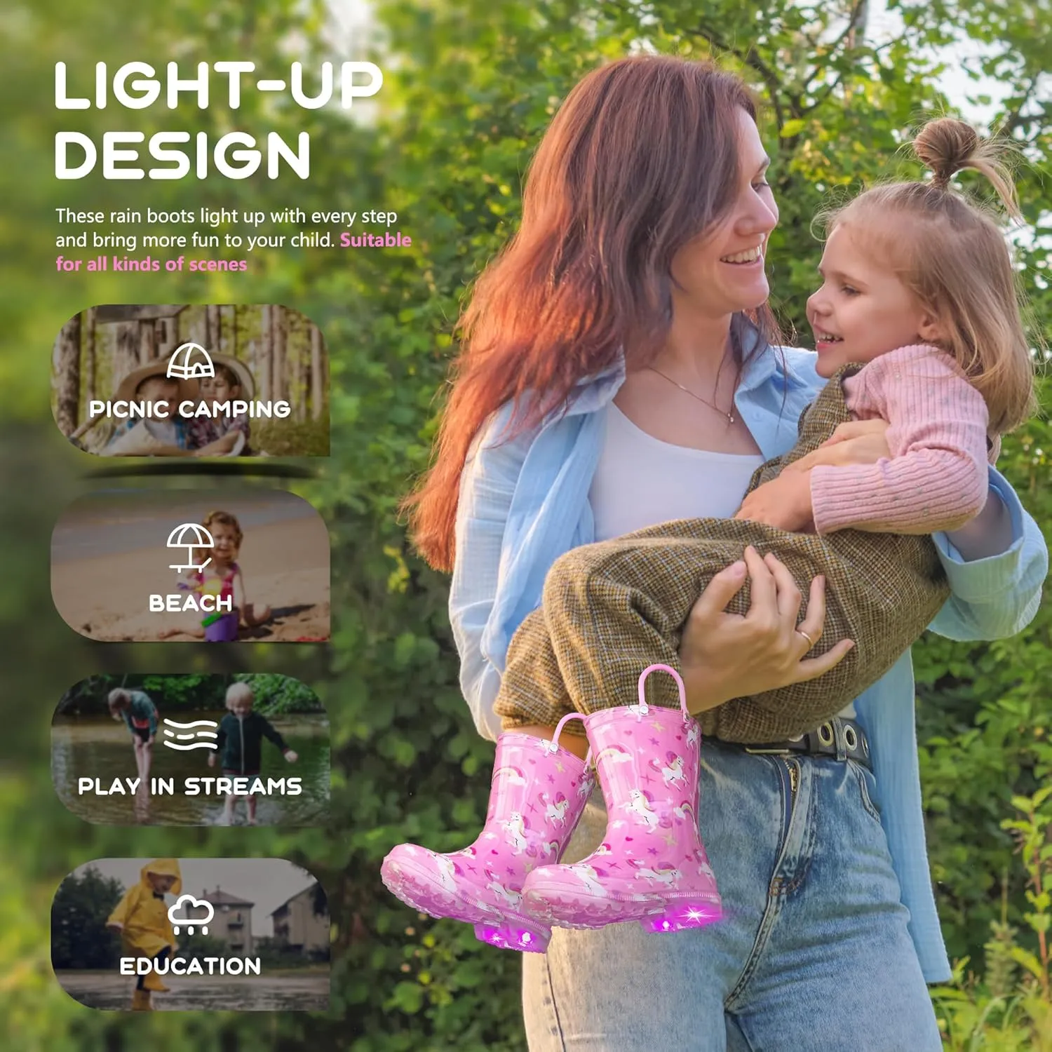 Rain Boots for Girls Toddlers - Light Up Kids Rainboots Boots Waterproof Lightweight Rain Shoes with Handles (Toddler/Little/Big kids)