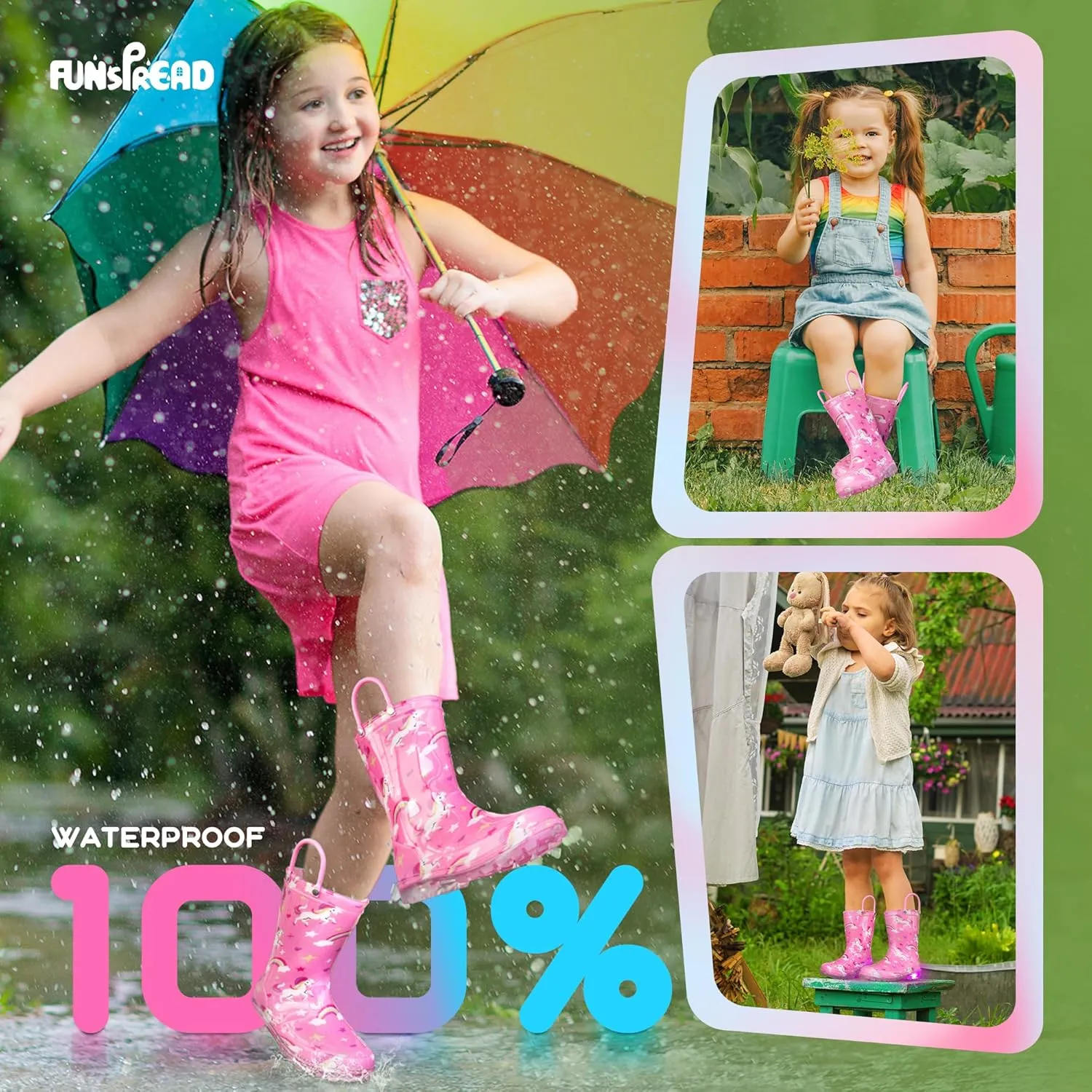 Rain Boots for Girls Toddlers - Light Up Kids Rainboots Boots Waterproof Lightweight Rain Shoes with Handles (Toddler/Little/Big kids)