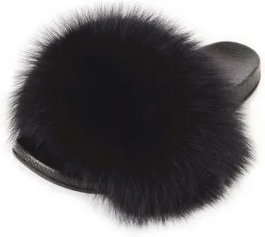 Real Fox Fur Slides for Women Open Toe Cute Furry Fur Slippers Indoor or Outdoor faux Fur Slide Sandals with Fluffy Fur and Soft Sole
