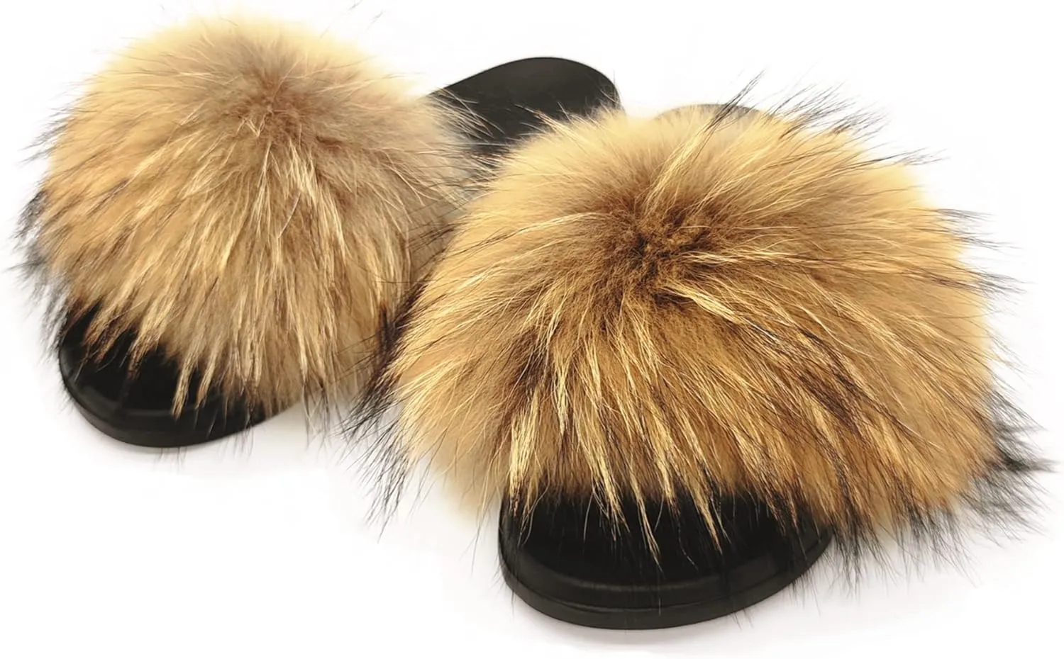Real Fox Fur Slides for Women Open Toe Cute Furry Fur Slippers Indoor or Outdoor faux Fur Slide Sandals with Fluffy Fur and Soft Sole
