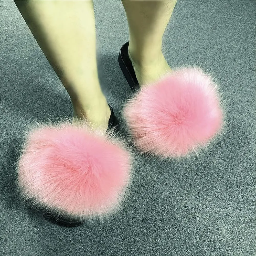 Real Fox Fur Slides for Women Open Toe Cute Furry Fur Slippers Indoor or Outdoor faux Fur Slide Sandals with Fluffy Fur and Soft Sole