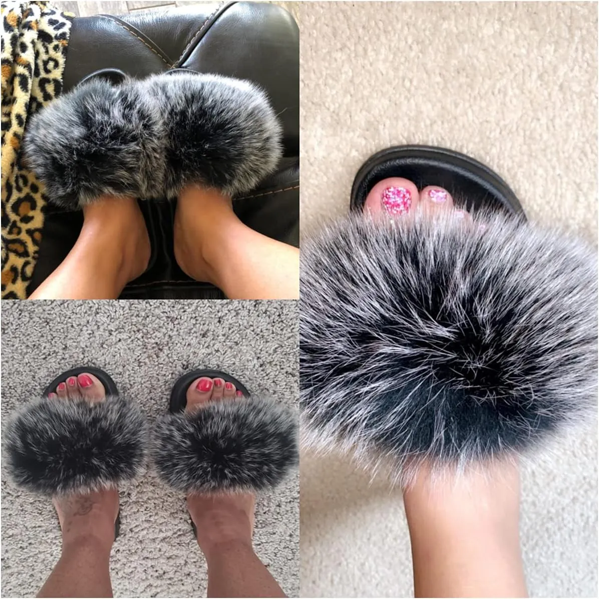 Real Fox Fur Slides for Women Open Toe Cute Furry Fur Slippers Indoor or Outdoor faux Fur Slide Sandals with Fluffy Fur and Soft Sole