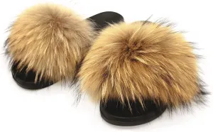 Real Fox Fur Slides for Women Open Toe Cute Furry Fur Slippers Indoor or Outdoor faux Fur Slide Sandals with Fluffy Fur and Soft Sole