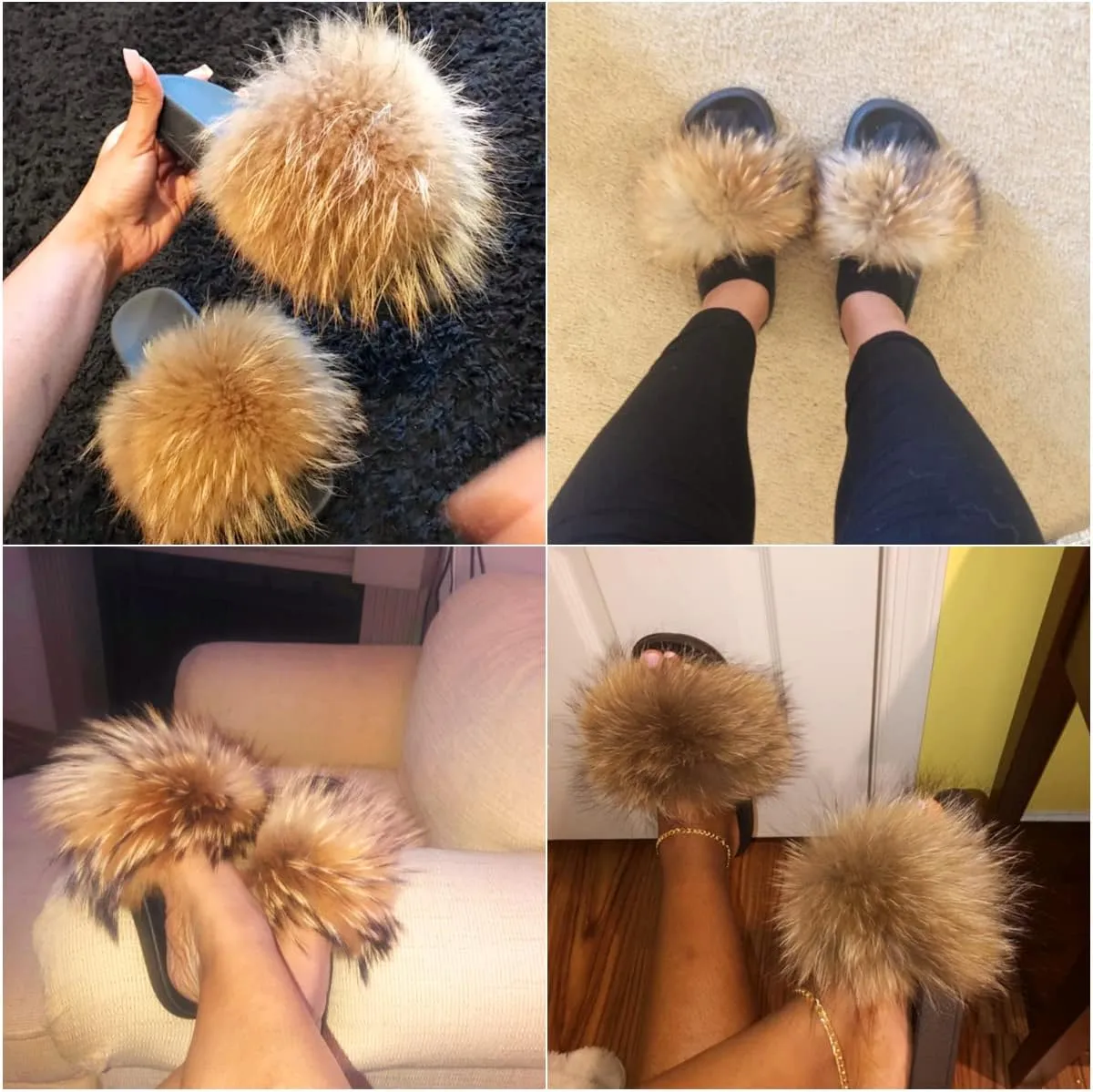 Real Fox Fur Slides for Women Open Toe Cute Furry Fur Slippers Indoor or Outdoor faux Fur Slide Sandals with Fluffy Fur and Soft Sole