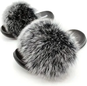 Real Fox Fur Slides for Women Open Toe Cute Furry Fur Slippers Indoor or Outdoor faux Fur Slide Sandals with Fluffy Fur and Soft Sole