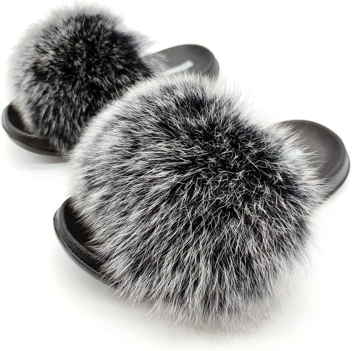 Real Fox Fur Slides for Women Open Toe Cute Furry Fur Slippers Indoor or Outdoor faux Fur Slide Sandals with Fluffy Fur and Soft Sole