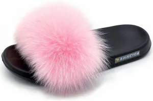 Real Fox Fur Slides for Women Open Toe Cute Furry Fur Slippers Indoor or Outdoor faux Fur Slide Sandals with Fluffy Fur and Soft Sole