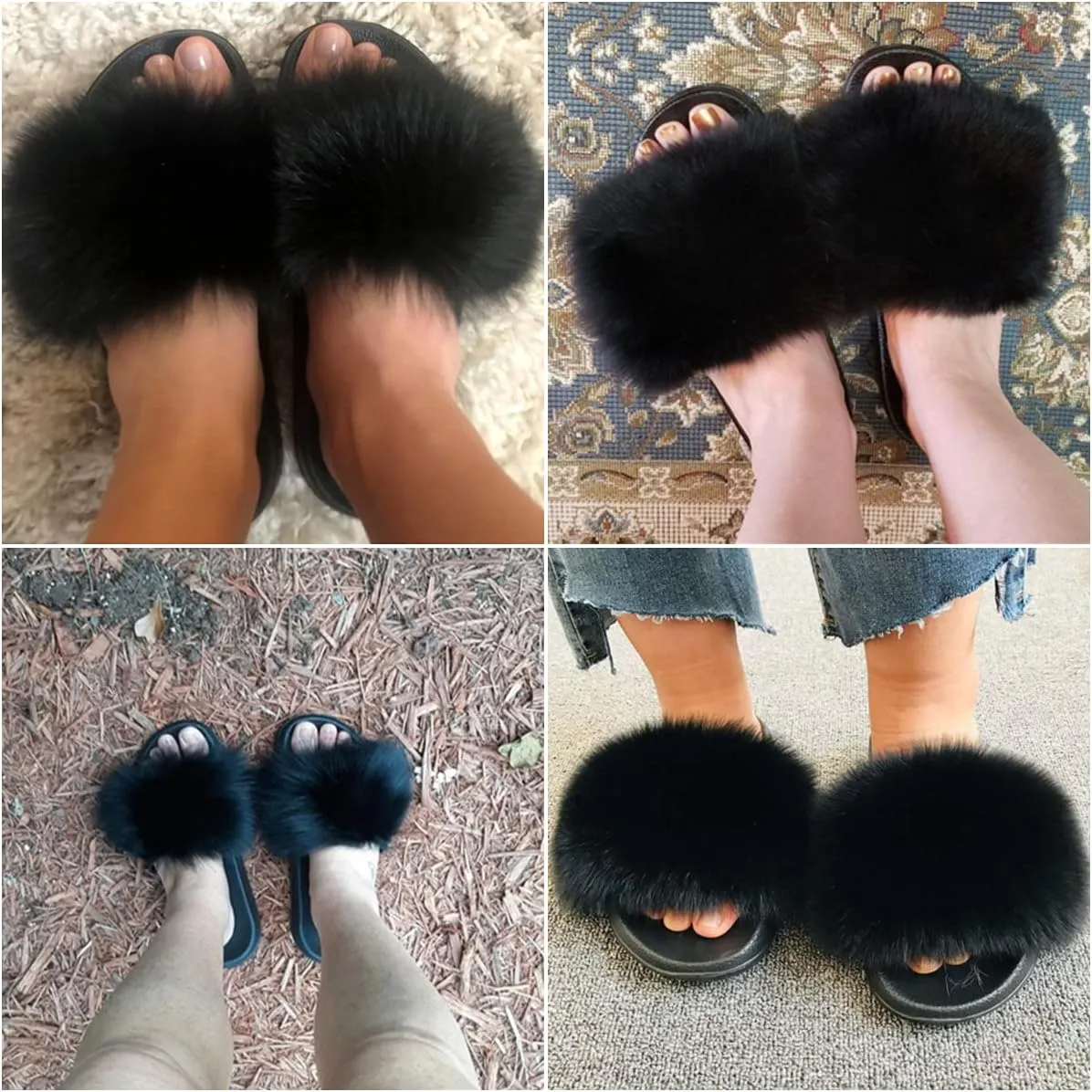 Real Fox Fur Slides for Women Open Toe Cute Furry Fur Slippers Indoor or Outdoor faux Fur Slide Sandals with Fluffy Fur and Soft Sole