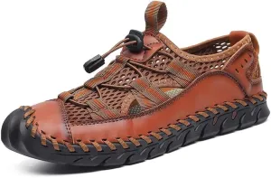 Recyphi Men's Sandals Closed Toe Mesh Splicing Outdoor Leather Sandals Breathable Summer Fisherman Shoes
