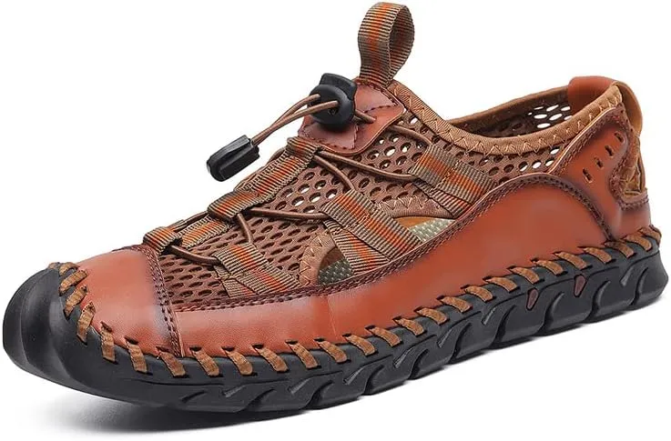 Recyphi Men's Sandals Closed Toe Mesh Splicing Outdoor Leather Sandals Breathable Summer Fisherman Shoes