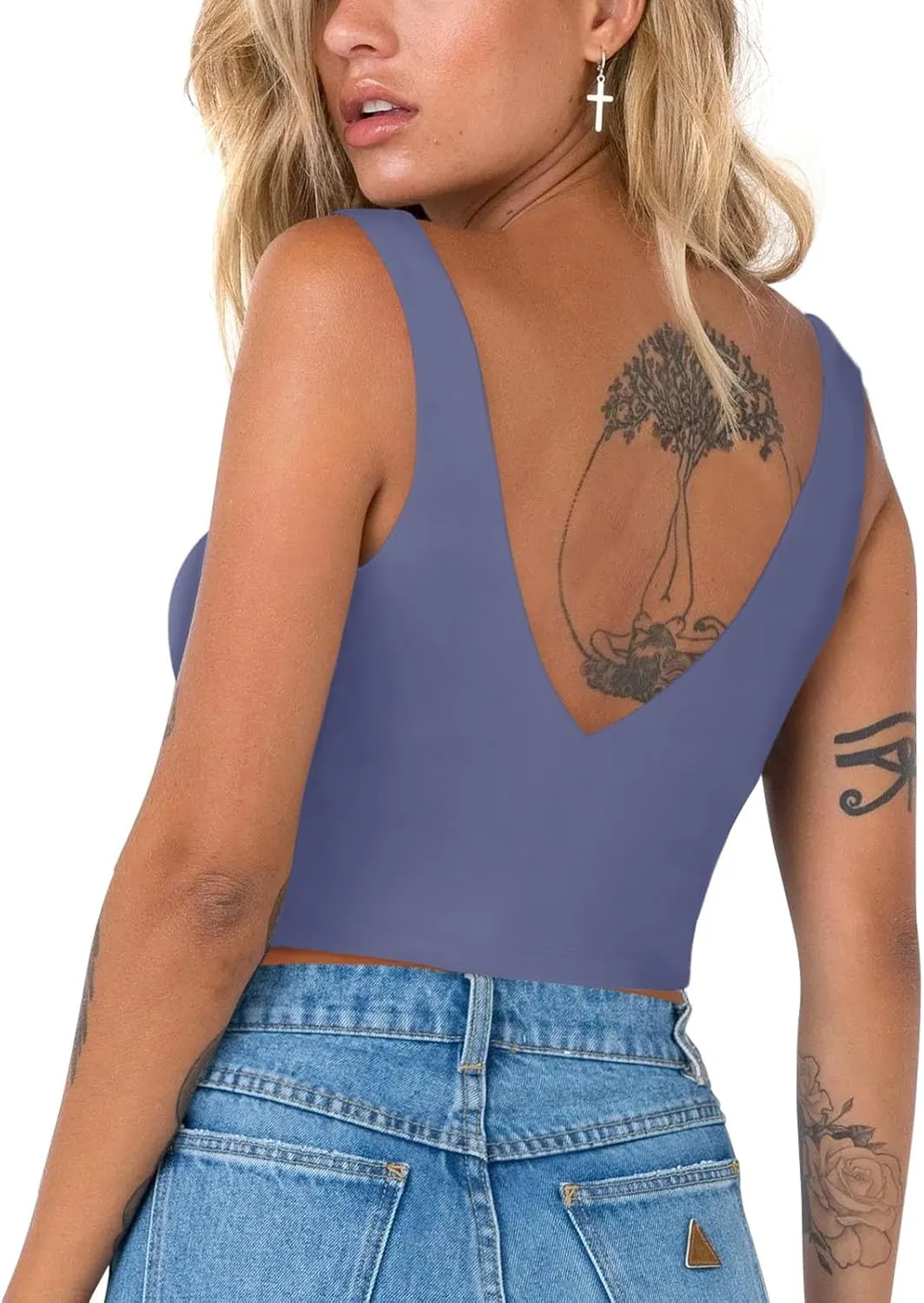 REORIA Butsmooth® Women’s Trendy Sexy Plunge Deep V Neck Sleeveless V Backless Slim Fit Going Out Crop Tank Tops