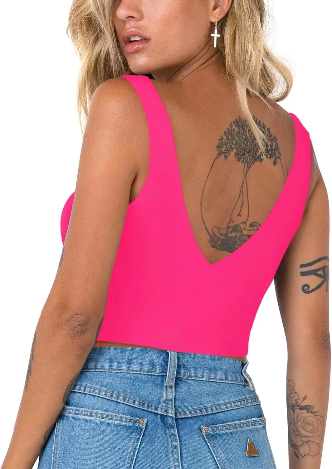 REORIA Butsmooth® Women’s Trendy Sexy Plunge Deep V Neck Sleeveless V Backless Slim Fit Going Out Crop Tank Tops