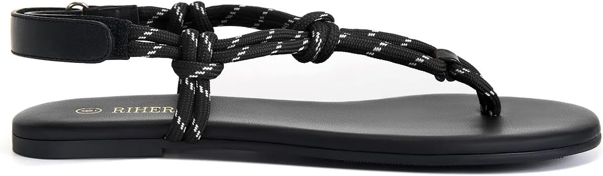 Rihero Rope Thong Sandals for Women Beach Flip Flops Comfortable Ankle Strap Slip-On Flat Sandals