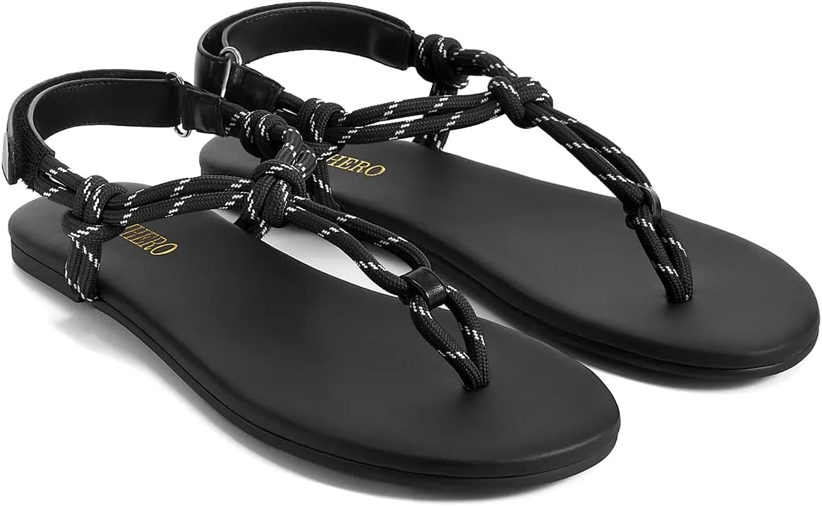 Rihero Rope Thong Sandals for Women Beach Flip Flops Comfortable Ankle Strap Slip-On Flat Sandals
