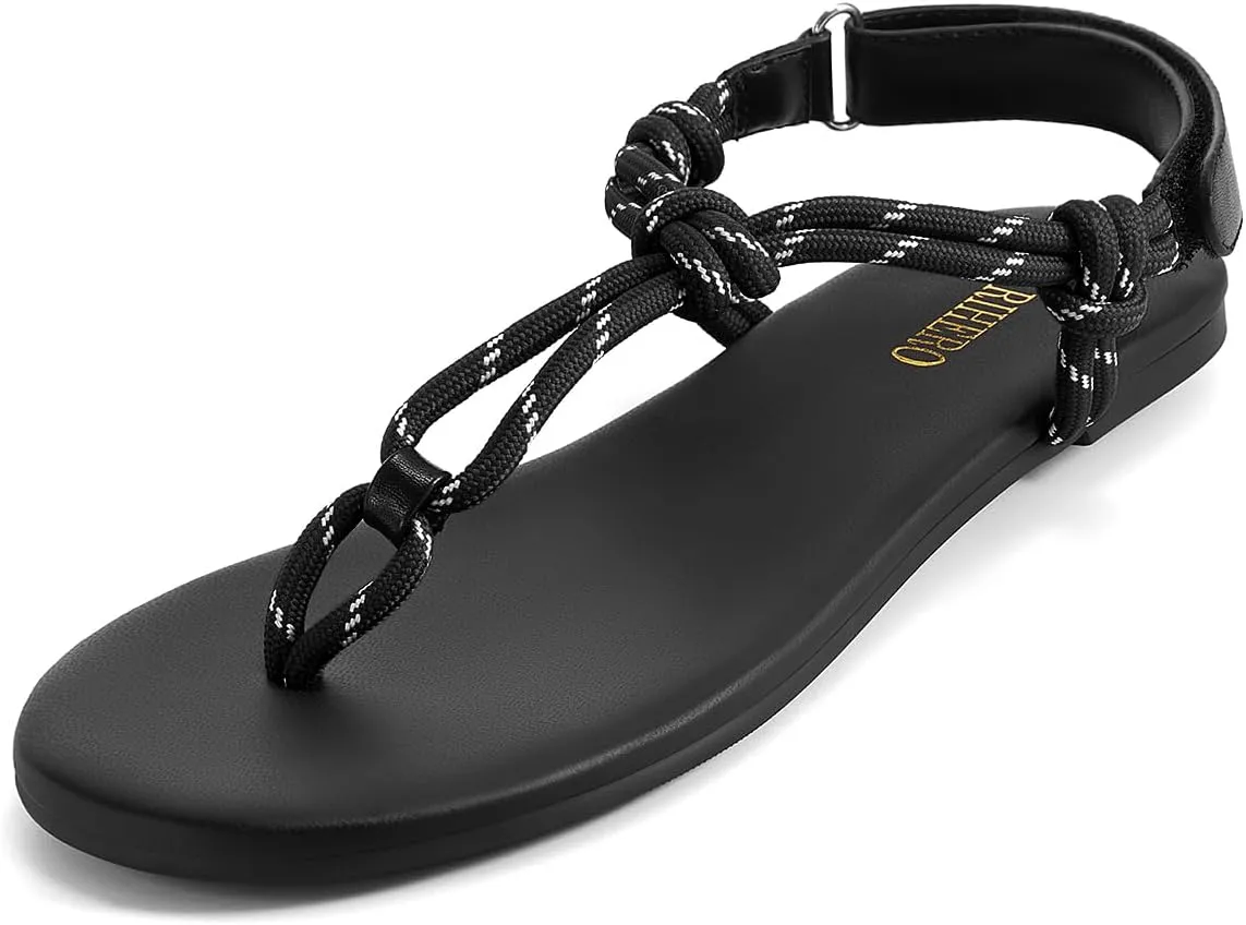 Rihero Rope Thong Sandals for Women Beach Flip Flops Comfortable Ankle Strap Slip-On Flat Sandals