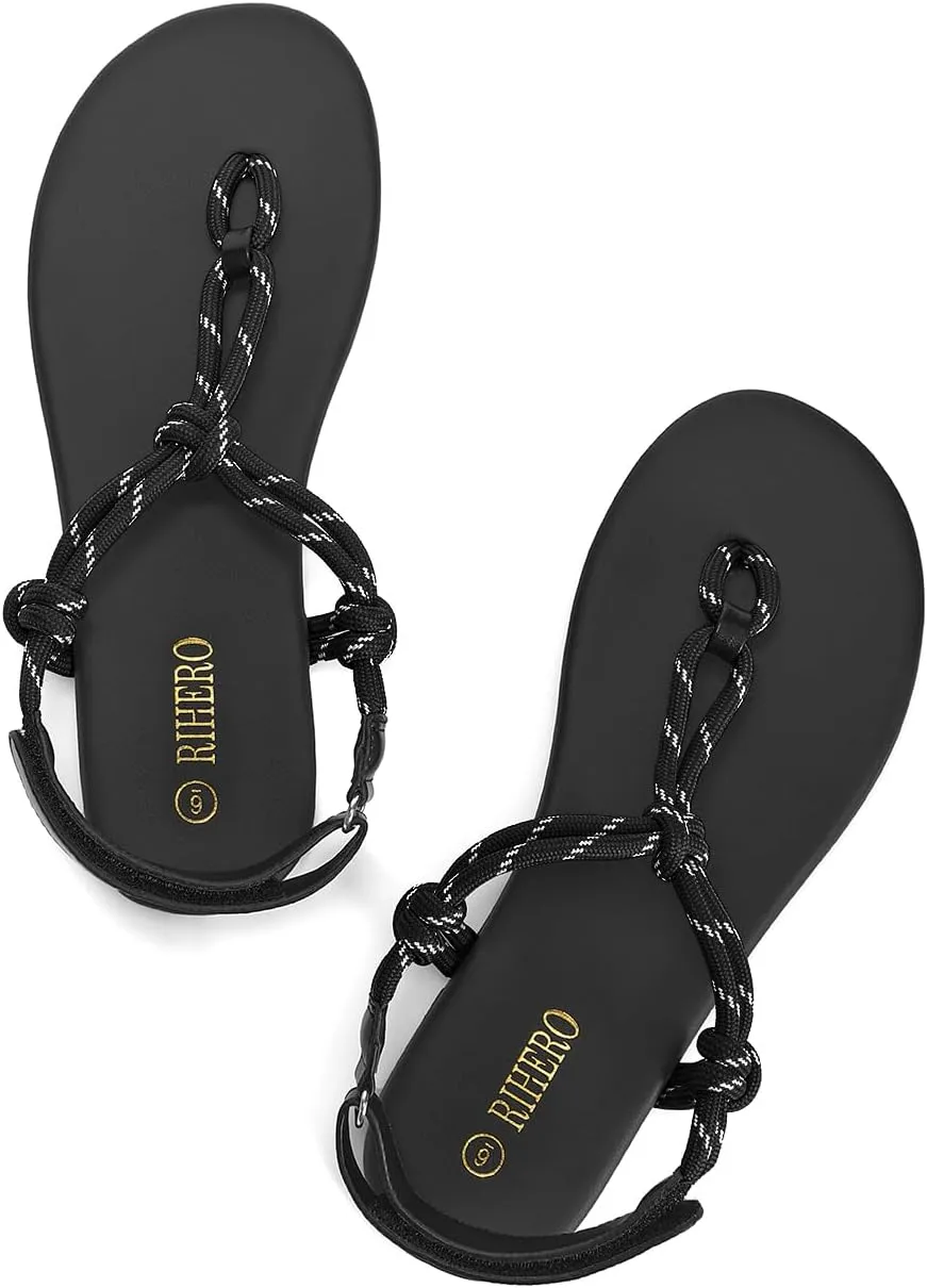 Rihero Rope Thong Sandals for Women Beach Flip Flops Comfortable Ankle Strap Slip-On Flat Sandals