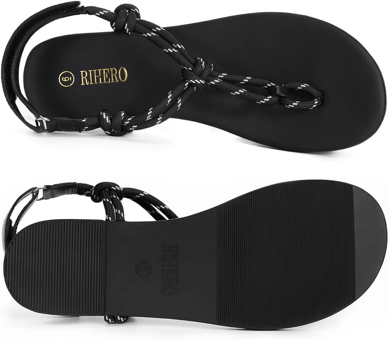 Rihero Rope Thong Sandals for Women Beach Flip Flops Comfortable Ankle Strap Slip-On Flat Sandals