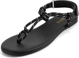 Rihero Rope Thong Sandals for Women Beach Flip Flops Comfortable Ankle Strap Slip-On Flat Sandals
