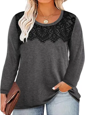 RITERA Plus Size Lace Tops for Women Long Sleeve Crewneck Pullover Fall T-Shirts Tunics Basic Tees T-Shirts XL-5XL