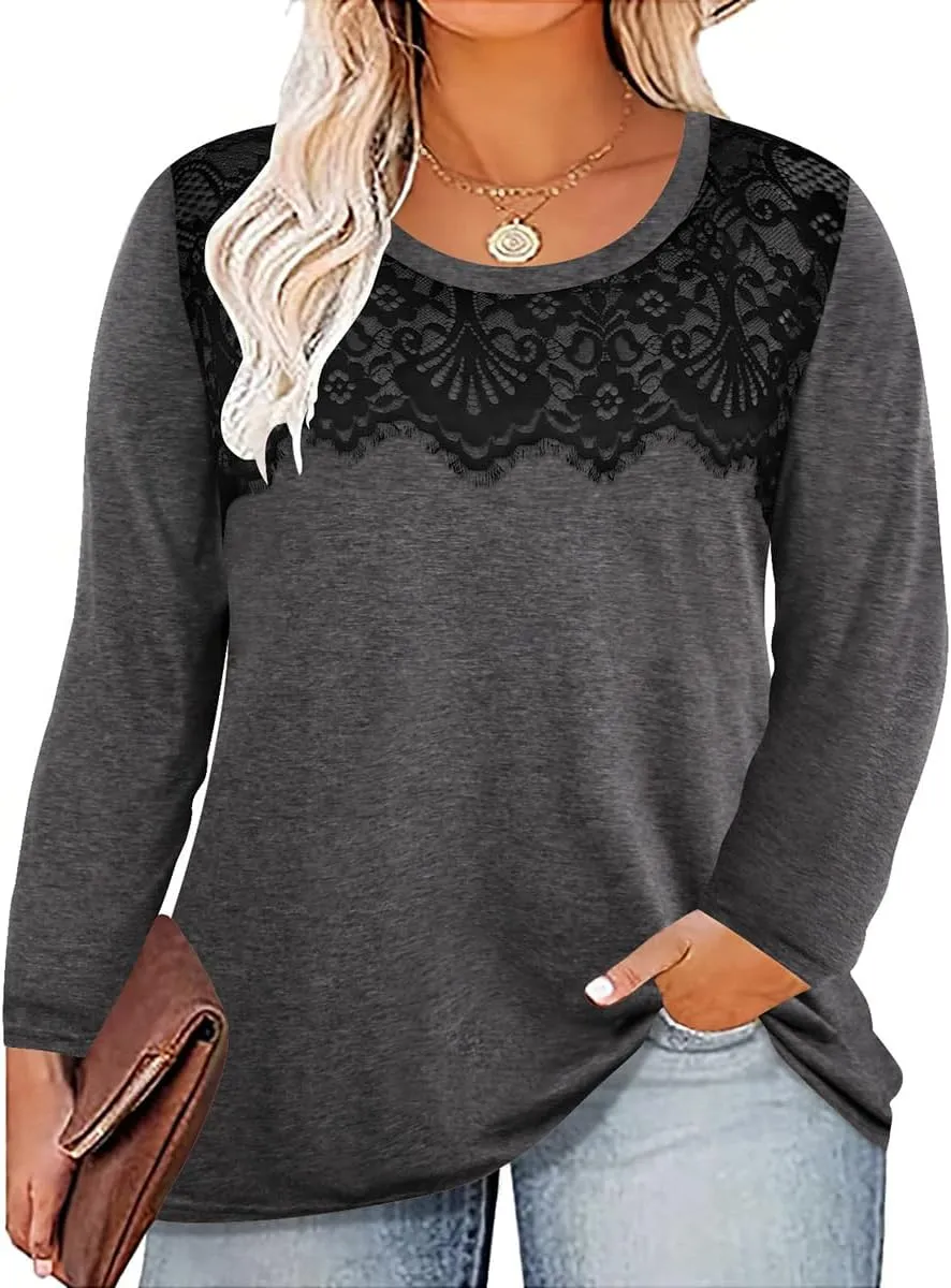 RITERA Plus Size Lace Tops for Women Long Sleeve Crewneck Pullover Fall T-Shirts Tunics Basic Tees T-Shirts XL-5XL