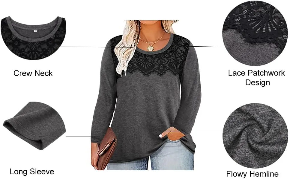 RITERA Plus Size Lace Tops for Women Long Sleeve Crewneck Pullover Fall T-Shirts Tunics Basic Tees T-Shirts XL-5XL