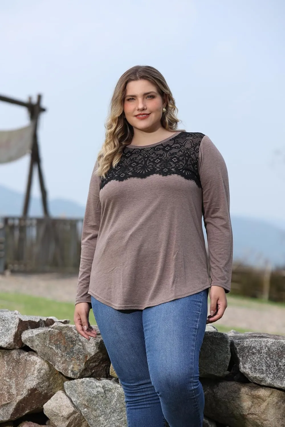 RITERA Plus Size Lace Tops for Women Long Sleeve Crewneck Pullover Fall T-Shirts Tunics Basic Tees T-Shirts XL-5XL